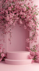 A beautiful 3D spring floral scene featuring pink podium surrounded by lush pink roses and delicate...