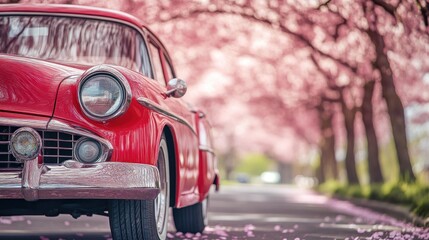 A vintage red car parked under blooming cherry blossom trees on a serene street.