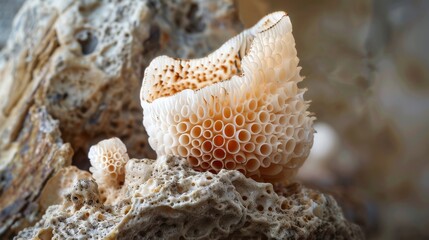 close-up of a honeycomb-shaped mushroom with intricate, dense patterns resembling lattices. The white cap sits against rugged rock formations, emphasizing its whimsical texture