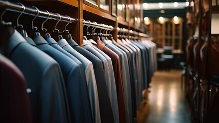 Interior of a business suit store. Premium expensive suits hang in a row on hangers.