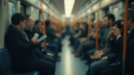 Grainy and blurry image of people traveling in a subway car. Concept of daily use of public transport