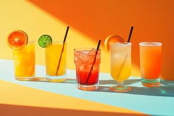 Colorful Cocktails and Soft Drinks on an Orange Background, AI generated illustration