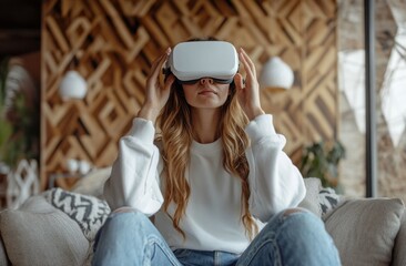 Obraz premium Woman engaging with virtual reality headset in a cozy living room during daytime