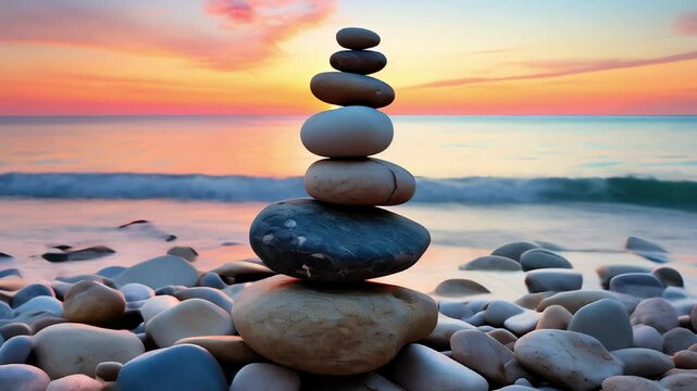 Balance pebble stones stacked on the sand beach at sunset.