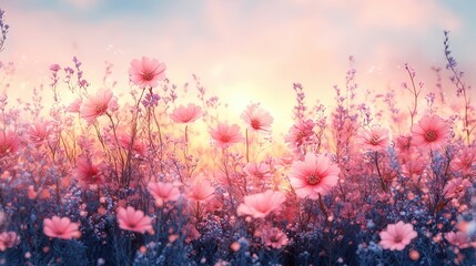 vibrant meadow filled with whimsical wildflowers in halftone style symbolizing renewal and beauty set against a dreamy pastel background that inspires joy and wonder