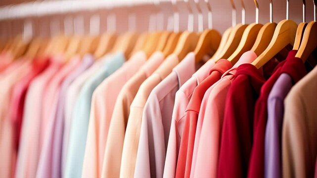 Various women's clothes on hangers, clothing store or wardrobe.