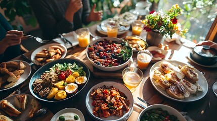 Obraz premium Friends Gathered for a Sunny Sunday Brunch,Filled with Food and Laughter