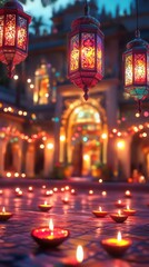 Obraz premium Bright, colorful lanterns hanging above a courtyard filled with glowing diyas, with a backdrop of a beautifully lit palace. Copy space, Indian traditional festival happy Diwali background
