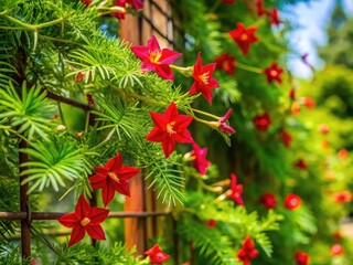 Vibrant cypress vine flowers climbing on a trellis with lush green leaves in a sunny garden setting