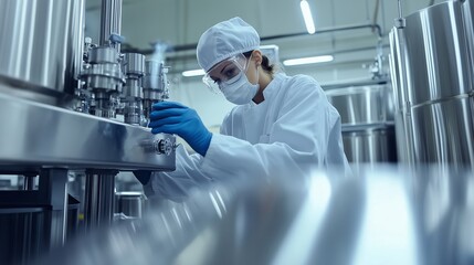 Laboratory technician in a cleanroom adjusting equipment in a pharmaceutical manufacturing facility during daytime operations