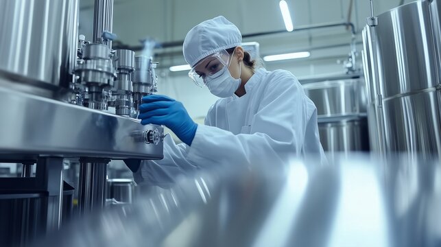 Laboratory technician in a cleanroom adjusting equipment in a pharmaceutical manufacturing facility during daytime operations