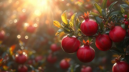 vibrant pomegranate branch adorned with ripe fruits and intricate green leaves bathed in warm sunlight creating an inviting and rich atmosphere