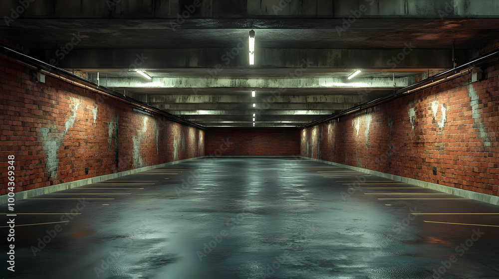 Wall mural Empty Parking Garage with Brick Walls 3D Illustration