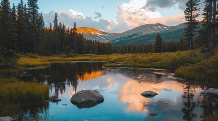 Obraz premium Serene landscape featuring a tranquil river, mountains, and lush greenery at sunset.