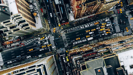 Aerial view of New York downtown building roofs. Bird's eye view from helicopter of cityscape...