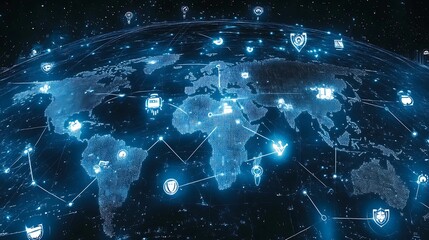 A glowing digital world map with interconnected security, technology, and communication icons, symbolizing global networking, cybersecurity, and digital infrastructure.