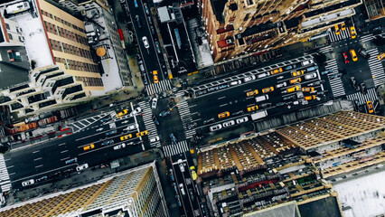 Aerial view of New York downtown building roofs. Bird's eye view from helicopter of cityscape...
