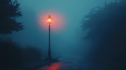 A solitary street lamp glows in a foggy, atmospheric setting.