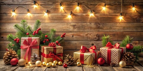 Naklejka premium Festive Christmas background with gifts and decorations in front of wooden backdrop