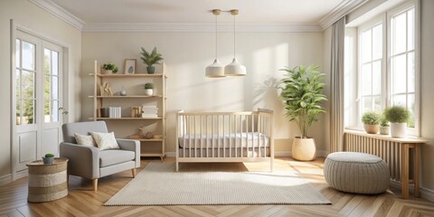 Minimalist nursery room interior with natural sunlight, soft colors, and cozy atmosphere for newborn