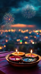 Colorful diya candles in a brass tray on a wooden table, with the background of a brightly lit Diwali bazaar and fireworks in the sky. Copy space, happy Diwali background, traditional, Indian festival