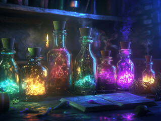 a collection of mysterious bottles and jars filled with glowing potions, surrounded by spellbooks, candles, and enchanted herbs.