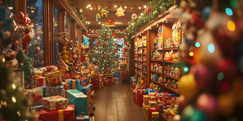 A festive Christmas-themed Bright store filled with an abundance of holiday decorations, gifts, and ornaments. with colorful wrapped presents, Christmas trees decorated with lights, and festive garlan