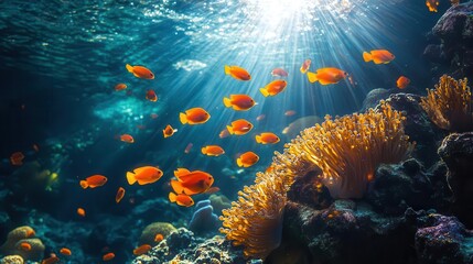 vibrant underwater scene filled with a diverse array of tropical fish darting among brilliantly colored coral reefs illuminated by dappled sunlight filtering through the waters surface