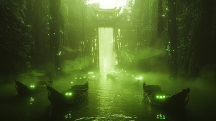 Eerie Haunted River in Ancient Chinese Dark Mythology with Ghostly Boats, Mist, and Glowing Eyes