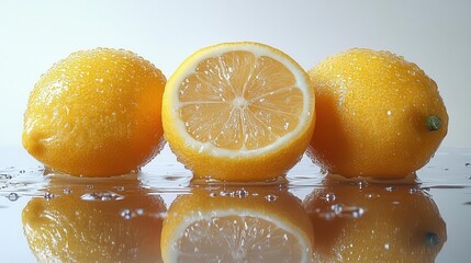 vibrant yellow lemons on a reflective surface glistening with water droplets overhead view showcasing the fruits texture and freshness against a crisp white background