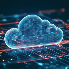 an image representing cloud computing solutions, featuring a digital cloud with data streaming in and out.