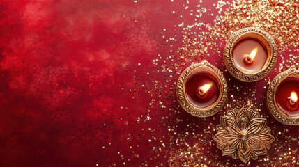 Decorative diya holder with intricate floral patterns, resting on a ruby red backdrop with golden sparkles, copy space, happy Diwali background, traditional, Indian festival