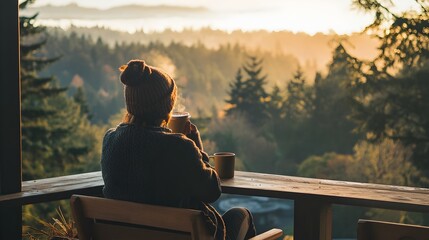 Person Sipping Coffee on Porch Overlooking Scenic Landscape on Peaceful Sunday Morning