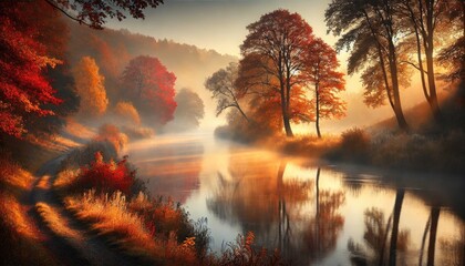 Naklejka premium A stunning autumn landscape over a calm river on an early foggy morning. The scene features trees with vibrant autumn leaves in shades of red and orange.