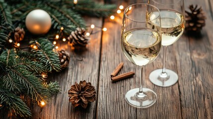 Two glasses of white wine decorated with holiday elements on a rustic wooden table.