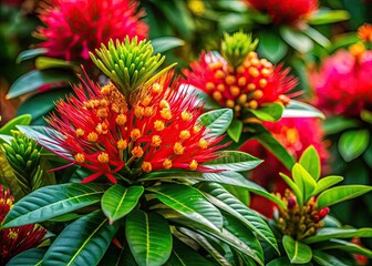 Fototapeta premium Vibrant Quisqualis Plant with Lush Green Leaves and Colorful Flowers Against a Natural Background