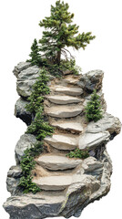 Stone path with steps surrounded by greenery, white isolated background.