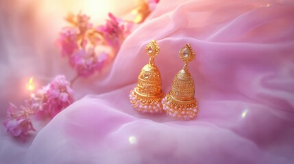 Delicate gold jhumka earrings set on a soft lavender chiffon cloth, with a rose pink-to-lavender gradient background and subtle diya light flickers, Copy space, happy Diwali background, traditional