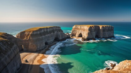 Aerial view of expansive dramatic coastal cliffs towering over vivid turquoise waters.