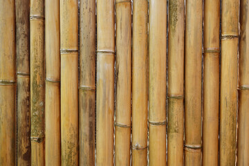 Natural dry bamboo wall background with warm tones, close-up. Decorative natural background. Vertical fence banner with textured pattern. Organic eco friendly material.