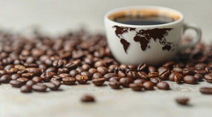 Coffee Cup Surrounded By Roasted Beans on a Rustic Surface in Morning Light
