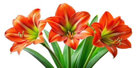 Fototapeta premium Vibrant Red Orange Amaryllis Flowers with Lush Green Leaves Isolated on a Clean White Background