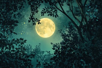 Fototapeta premium Full Moon Shining Through Silhouetted Trees