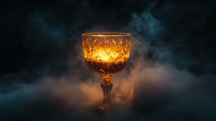 Detailed view of a Halloween-themed crystal goblet with a glowing, mysterious liquid, set against a dark, foggy backdrop with soft, dramatic lighting, Copy space, happy Halloween special background