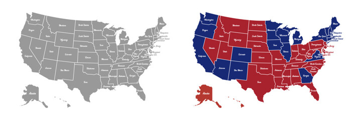 Map of United States of America divided in states in grey color. Map of USA with political preferences of every state.