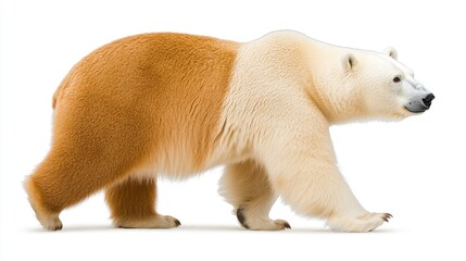 Fototapeta premium A solitary adult polar bear moves gracefully through its enclosure at the zoo, showcasing its striking white fur against a bright background, captured in natural light