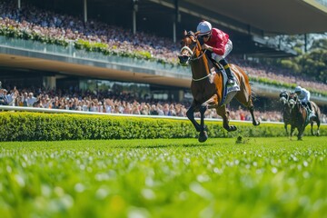 A horse is running in a race with a crowd of people watching. The horse is wearing a red and white outfit