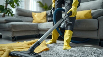 Fototapeta premium An unidentified housekeeper vacuuming underneath a mat as part of spring cleaning efforts