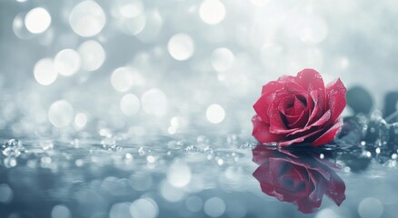 Red rose resting on water surface during gentle rain with soft bokeh background