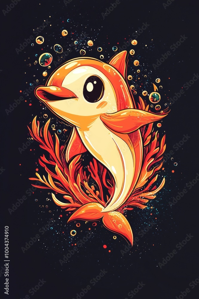 Poster Cute Cartoon Dolphin with Coral Reef Illustration